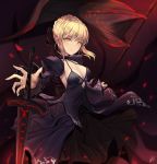  1girl artoria_pendragon_(all) bangs banner black_dress blonde_hair blurry breasts cleavage closed_mouth collarbone dark_excalibur depth_of_field dress fate/grand_order fate_(series) halter_dress highres holding juliet_sleeves layered_dress lee_seok_ho long_sleeves looking_at_viewer medium_breasts motion_blur outstretched_arm outstretched_arms puffy_sleeves saber_alter serious shiny shiny_hair short_hair sidelocks signature solo tsurime v-shaped_eyebrows yellow_eyes 