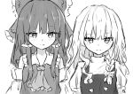  2girls bare_shoulders blush bow braid detached_sleeves greyscale hair_bow hakurei_reimu kirisame_marisa large_bow long_hair marisuku monochrome multiple_girls side-by-side single_braid smile touhou wavy_hair 