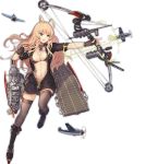  1girl aircraft airplane antenna_hair artist_request azur_lane bikini_top black_bikini_top black_gloves blonde_hair bow_(weapon) breasts cleavage fingerless_gloves fingernails flight_deck full_body gloves green_eyes holding holding_bow_(weapon) holding_weapon long_hair medium_breasts nail_polish navel official_art open_mouth simple_background solo star tachi-e transparent_background wasp_(azur_lane) weapon yellow_nails 