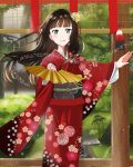  1girl black_hair fan fern flowers gorillashi green_eyes hair_accessories kurosawa_dia leaves long_hair love_live! love_live!_sunshine!! mole plants window_pane yukata 