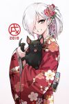  1girl 2018 dog floral_print grey_eyes hair_ornament hair_over_one_eye happy_new_year highres japanese_clothes kimono long_sleeves new_year obi one_eye_covered oopartz_yang original red_kimono sash simple_background smile solo tied_hair tongue tongue_out translated upper_body white_background white_hair wide_sleeves year_of_the_dog 