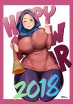 1girl 2018 ;q \m/ artist_name border breasts curvy dark_skin eyebrows eyeliner eyeshadow facing_viewer forehead green_eyes happy_new_year hijab horn_(instrument) huge_breasts lips makeup muslim new_year one_eye_closed original pantyhose ribbed_sweater solo sweater taut_clothes thick_thighs thighs tongue tongue_out unaligned_breasts vuvuzela zephyr_aile 