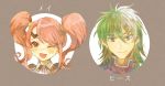  1boy 1girl brown_background circlet fire_emblem fire_emblem:_rekka_no_ken fire_emblem_echoes:_mou_hitori_no_eiyuuou green_eyes green_hair heath mae_(fire_emblem) multicolored_hair one_eye_closed open_mouth pink_hair portrait red_eyes shourou_kanna simple_background twintails two-tone_hair white_hair 
