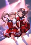  2girls ahoge boots brown_eyes brown_hair crown dress hakozaki_serika highres idolmaster idolmaster_million_live! jumping_dogeza kitazawa_shiho long_hair looking_at_another microphone mini_crown multiple_girls open_mouth plaid plaid_dress white_footwear 