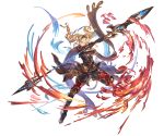  1girl bangs belt blonde_hair blue_eyes brown_gloves elbow_gloves eyebrows_visible_through_hair gloves granblue_fantasy hairband holding holding_weapon long_hair looking_at_viewer minaba_hideo official_art one_leg_raised pants polearm smile transparent_background twintails weapon zeta_(granblue_fantasy) 