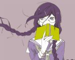  1girl book braid chiyo_(min0yoko) dangan_ronpa dangan_ronpa_1 fukawa_touko glasses hair_tie holding holding_book long_hair purple_hair school_uniform serafuku simple_background solo twin_braids very_long_hair violet_eyes 