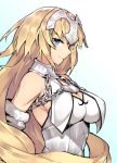  1girl armor blonde_hair blue_eyes breasts chains cleavage fate/apocrypha fate/grand_order fate_(series) fur_trim gebyy-terar headpiece large_breasts long_hair looking_at_viewer ruler_(fate/apocrypha) simple_background smile solo upper_body white_background 