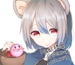  1girl :d abe_suke animal_ears bangs basket blush brown_eyes capelet closed_mouth commentary_request crossover eyebrows_visible_through_hair grey_hair hair_between_eyes highres holding holding_basket kirby kirby_(series) looking_at_viewer mouse_ears nazrin open_mouth short_hair simple_background smile sweat touhou upper_body white_background 