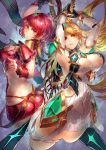  2girls armpits arms_up ass bare_shoulders breasts cleavage elbow_gloves gloves highres mythra_(xenoblade) pyra_(xenoblade) large_breasts long_hair looking_at_viewer multiple_girls parted_lips pink_eyes redhead short_hair short_shorts shorts signo_aaa skirt smile white_gloves xenoblade_2 yellow_eyes 