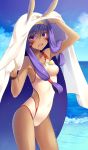  1girl :d animal_ears arm_up armpits bands bare_arms bare_shoulders blanket blue_sky blush breasts clouds competition_swimsuit covered_navel cowboy_shot dark_skin day eyebrows_visible_through_hair facial_mark fate/grand_order fate_(series) hairband horizon impossible_clothes impossible_swimsuit jewelry long_hair looking_at_viewer medium_breasts necklace nitocris_(fate/grand_order) nitocris_(swimsuit_assassin)_(fate) ocean one-piece_swimsuit open_mouth outdoors pendant purple_hair rabbit_ears sidelocks skin_tight sky smile solo standing swimsuit thighs tobade_(tbdfactory) tsurime two-tone_hairband under_covers very_long_hair violet_eyes water white_swimsuit wristband 