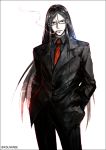  1boy black_border black_hair black_jacket black_pants black_shirt border business_suit cigarette collared_shirt commentary_request contrapposto cowboy_shot fate/grand_order fate_(series) formal glasses hands_in_pockets jacket kei-suwabe long_hair long_sleeves looking_at_viewer lord_el-melloi_ii male_focus mouth_hold necktie pants red_neckwear shirt simple_background smoke solo spot_color standing suit waver_velvet white_background wing_collar 