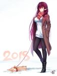  1girl 2018 alternate_costume black_footwear blush boots coat cold collar dog dog_collar eyebrows_visible_through_hair hands_in_pockets highres long_hair okitakung purple_hair scathach_(fate/grand_order) shawl signature snow sweater thigh-highs white_sweater winter_clothes winter_coat 