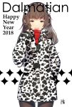  1girl 2018 :d bangs black_legwear blush breath brown_eyes brown_hair coat cowboy_shot dalmatian_print drawstring earmuffs eyebrows_visible_through_hair happy_new_year highres legs_apart long_hair long_sleeves looking_at_viewer meth_(emethmeth) new_year open_mouth original pantyhose partially_unzipped red_scarf scarf signature simple_background sleeves_past_wrists smile solo sparkle standing thick_eyebrows tsurime white_background winter_clothes winter_coat 