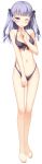  1girl absurdres bangs bare_legs bare_shoulders barefoot bikini blush bow breasts collarbone eyebrows_visible_through_hair feet front-tie_bikini front-tie_top full_body hair_bow highres kantoku koi_suru_kanojo_no_bukiyou_na_butai kokonoe_maria looking_at_viewer medium_breasts navel one_eye_closed purple_bikini purple_hair solo standing swimsuit toes transparent_background violet_eyes 