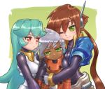  aile blush bodysuit breasts brown_hair cleavage commentary_request dark_skin drill_(emilio) gloves green_eyes highres long_hair multiple_girls ponytail rockman rockman_zx short_hair shorts skin_tight smile spandex 