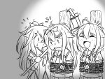  3girls ahoge bound chained chains closed_eyes commentary fang flying_sweatdrops food greyscale guin_guin hair_flaps hair_ornament hairclip holding_lantern kantai_collection lantern lock long_hair monochrome multiple_girls neckerchief open_mouth remodel_(kantai_collection) sailor_collar saliva saliva_trail school_uniform serafuku shigure_(kantai_collection) tied_up wavy_mouth yamakaze_(kantai_collection) yuudachi_(kantai_collection) 