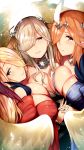  3girls blonde_hair blush breasts character_request choker circlet cleavage flower granblue_fantasy grey_hair hair_flower hair_ornament hair_over_one_eye interlocked_fingers large_breasts looking_at_viewer mofuaki multiple_girls orange_hair slip wings yellow_eyes 