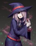  10s 1girl :d artist_name commentary eyebrows_visible_through_hair eyes_visible_through_hair flask hair_over_one_eye hat little_witch_academia long_hair looking_at_viewer mushroom open_mouth potion purple_hair robe smile solo star sucy_manbavaran teru_(renkyu) twitter_username wide_sleeves witch_hat 