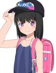  1girl backpack bag black_hair blush bubukka character_request closed_mouth eyebrows_visible_through_hair hat looking_at_viewer short_hair simple_background sleeveless smile solo violet_eyes white_background 