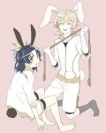  2boys ^_^ animal_ears blonde_hair blue_hair braid bunny_tail closed_eyes feathers hair_feathers jacket kneeling male_focus monoyoshi_sadamune multiple_boys open_mouth rabbit_ears rope shorts sitting smile taikogane_sadamune tail touken_ranbu track_jacket yamazaki_mitsuko yellow_eyes 