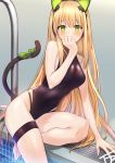  1girl absurdres animal_ears arm_support armpit_peek bangs bare_arms black_leotard black_swimsuit blonde_hair blush bow breasts brown_hair cat_ear_headphones cat_ears cat_tail drain_(object) eyebrows_visible_through_hair fpanda girls_frontline green_bow green_eyes green_ribbon hand_to_own_mouth headphones highleg highleg_panties highres leaning_to_the_side leotard long_hair looking_at_viewer medium_breasts navel one-piece_swimsuit panties pool pool_ladder ribbon sidelocks sitting solo swimsuit tail thigh_strap thighs tmp_(girls_frontline) underwear very_long_hair 