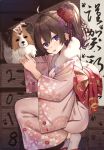  1girl :d animal_ears black_nails bow brown_hair dog drawer fingernails floral_print flower from_side grey_legwear hair_between_eyes hair_flower hair_ornament happy_new_year japanese_clothes kanikou kimono long_hair long_sleeves looking_at_viewer looking_to_the_side mole mole_under_mouth nail_polish new_year obi open_mouth original petting pink_kimono ponytail purple_flower red_bow red_flower sandals sash scroll smile socks solo squatting tareme translated violet_eyes wavy_hair wide_sleeves yukata 