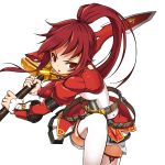  1girl absurdres belt buckle cowboy_shot elesis_(elsword) elsword free_knight_(elsword) highres holding holding_sword holding_weapon legs long_hair looking_at_viewer official_art ponytail red_eyes red_shirt redhead ress serious shirt skirt solo sword thigh-highs weapon white_legwear white_skirt zettai_ryouiki 