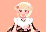  1girl blonde_hair elise_(fire_emblem_if) fire_emblem fire_emblem_if hair_ornament japanese_clothes looking_at_viewer scarf signature simple_background smile 