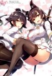  2girls animal_ears ass atago_(azur_lane) azur_lane bangs black_panties blush bow bowtie breasts brown_eyes brown_hair buttons checkered checkered_background dutch_angle eyebrows_visible_through_hair flower garter_straps gloves highres katana large_breasts long_hair looking_at_viewer looking_back military mole mole_under_eye multiple_girls open_mouth page_number panties pantyhose petals ponytail scan smile sword takao_(azur_lane) thigh-highs tomose_shunsaku translation_request underwear uniform weapon white_gloves 