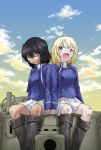  2girls aki_(makinoakira) andou_(girls_und_panzer) arl-44 bc_freedom_military_uniform black_footwear black_hair blonde_hair blue_eyes blue_jacket blue_vest boots brown_eyes clouds cloudy_sky dark_skin day dirty eyebrows_visible_through_hair girls_und_panzer ground_vehicle high_collar jacket long_sleeves looking_at_another looking_back military military_uniform military_vehicle miniskirt motor_vehicle multiple_girls open_mouth oshida_(girls_und_panzer) outdoors pleated_skirt short_hair side-by-side sitting skirt sky smile tank uniform vest white_skirt 