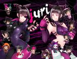  alternate_costume alternate_hairstyle bikini_top black_hair breasts character_name chibi cleavage eye_(mememem) eyepatch facepaint fighting_stance glowing glowing_eye han_juri hat jester_cap licking_lips multicolored_hair multiple_persona navel smile stomach street_fighter street_fighter_iv_(series) street_fighter_v tongue tongue_out two-tone_hair violet_eyes 