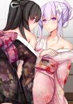  2girls bare_shoulders black_hair black_kimono blush breasts collarbone commentary_request d-pad d-pad_hair_ornament daiaru floral_print hair_ribbon japanese_clothes kimono kimono_pull long_hair looking_at_viewer looking_back multiple_girls nepgear neptune_(series) off_shoulder open_mouth pink_kimono pulling purple_hair red_eyes ribbon small_breasts smile tied_hair uni_(choujigen_game_neptune) violet_eyes 