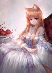  1girl animal_ears brown_hair holo long_hair one_eye_closed open_mouth red_eyes smile solo spice_and_wolf wolf_ears xing 