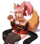  1girl @_@ animal_ears bare_shoulders bell bell_collar black_legwear blush_stickers bow breasts cat_paws collar detached_sleeves fangs fate/grand_order fate_(series) fox_ears fox_tail gloves hair_bow hair_ribbon highres japanese_clothes jingle_bell large_breasts long_hair narynn open_mouth paw_gloves paws pink_hair ponytail ribbon simple_background sitting solo tail tamamo_(fate)_(all) tamamo_cat_(fate) thigh-highs white_background yellow_eyes 