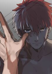  1boy against_mirror emiya_shirou fate/stay_night fate_(series) grey_eyes hand_on_mirror heterochromia highres looking_at_mirror male_focus matsuya_(syohsa) mirror multicolored_hair orange_hair pov reflection serious shirtless solo spoilers two-tone_hair yellow_eyes 