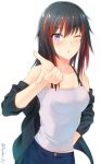  1girl ;o aome_no_madoushi bangs black_hair blush breasts denim eyebrows_visible_through_hair hood hoodie jeans kanden_suki long_hair looking_at_viewer medium_breasts multicolored_hair one_eye_closed open_clothes open_hoodie pants pointing pointing_at_viewer redhead sidelocks solo spaghetti_strap strapless streaked_hair tubetop twitter_username upper_body violet_eyes 