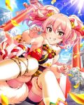  1girl animal_ears bell confetti dog_tail earrings idolmaster idolmaster_cinderella_girls japanese_clothes jewelry jingle_bell jougasaki_mika nail_polish official_art pink_hair red_nails ring tail thigh-highs twintails white_nails yellow_eyes 