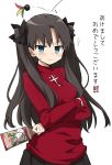  1girl black_hair black_legwear black_skirt blue_eyes blush crossed_arms fate/stay_night fate_(series) highres long_hair looking_at_viewer murakami_meishi pleated_skirt skirt solo sweater tohsaka_rin translated two_side_up 