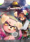  +_+ 2018 2girls animal_ears bag brown_hair cephalopod_eyes commentary_request dark_skin day dog_ears dog_snout domino_mask fang floral_print flower gradient_hair green_eyes green_hair green_kimono hair_flower hair_ornament hands_together headphones heart highres hime_(splatoon) holding holding_bag iida_(splatoon) japanese_clothes kashu_(hizake) kimono lens_flare long_hair long_sleeves looking_at_viewer mask medium_hair mole mole_under_mouth multicolored_hair multiple_girls new_year obi octarian open_mouth outdoors own_hands_together phone_screen pink_hair pink_kimono pink_pupils print_kimono print_obi red_flower sash short_eyebrows shrine smiley_face sparkle splatoon splatoon_2 suction_cups sunlight tentacle_hair tree whiskers white_flower white_hair yellow_eyes 