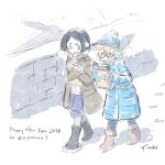  2girls artist_request book boots character_request coat earmuffs english excited happy_new_year highres little_witch_academia lotte_jansson multiple_girls new_year snow 