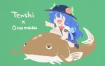  1girl :d animal bangs bare_arms black_hat blue_bow blue_hair blue_skirt blush bow bowler_hat bowtie catfish character_name chibi facing_away fish flat_chest food fruit green_background hair_between_eyes hat hinanawi_tenshi index_finger_raised itatatata leaf long_hair looking_away namazu no_eyebrows no_nose open_mouth peach pointing puffy_short_sleeves puffy_sleeves red_bow red_neckwear riding scarlet_weather_rhapsody shirt short_sleeves skirt smile solo tongue touhou very_long_hair white_shirt |_| 