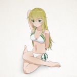  1girl arms_behind_back bikini blonde_hair breasts carpaccio chimaki_(u9works) cleavage crossed_arms full_body girls_und_panzer green_eyes hair_between_eyes lace lace-trimmed_bikini long_hair medium_breasts navel sitting solo swimsuit white_background 