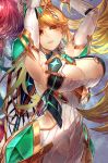  1girl armpits arms_up blonde_hair breasts brown_eyes cleavage earrings elbow_gloves gloves highres mythra_(xenoblade) jewelry large_breasts long_hair looking_at_viewer signo_aaa solo very_long_hair xenoblade_2 