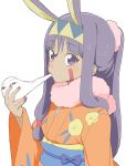  1girl absurdres animal_ears bangs dark_skin donguri_suzume eating eyebrows_visible_through_hair facial_mark fate/grand_order fate_(series) food hairband highres japanese_clothes kimono long_hair makeup medjed mochi nitocris_(fate/grand_order) purple_hair simple_background violet_eyes wagashi white_background 