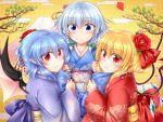  3girls :3 alternate_costume bat_wings black_wings blonde_hair blue_eyes blue_hair bow braid flandre_scarlet floral_print flower green_bow hair_bow hair_flower hair_ornament highres izayoi_sakuya japanese_clothes kimono looking_at_viewer m9kndi multiple_girls nail_polish new_year obi pointy_ears red_eyes red_flower red_nails remilia_scarlet sash silver_hair smile touhou twin_braids upper_body wings 