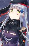  1girl arm_up bangs beret black_gloves black_hat blunt_bangs blush breasts closed_mouth clothes_writing copyright_name eyebrows_visible_through_hair facial_mark german_flag girls_frontline gloves green_eyes hair_ornament hairclip hat hk416_(girls_frontline) long_hair long_sleeves looking_at_viewer medium_breasts purple_background salute serious silver_hair solo straight_hair tiny_(tini3030) uniform upper_body 