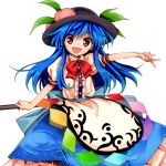  1girl :d antinomy_of_common_flowers apron black_hat blue_skirt bow buttons cowboy_shot food frilled_skirt frills fruit harukawa_moe hat hinanawi_tenshi holding holding_sword holding_weapon looking_at_viewer official_art open_mouth peach puffy_short_sleeves puffy_sleeves red_bow red_eyes shirt short_sleeves skirt smile solo sword sword_of_hisou touhou transparent_background weapon white_shirt 