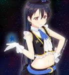  1girl bangs blue_hair blush closed_mouth commentary_request earrings gloves hair_between_eyes hand_on_hip hat jewelry long_hair love_live! love_live!_school_idol_project midriff navel no_brand_girls ribbon skirt skull573 sleeveless smile solo sonoda_umi star starry_background white_gloves 