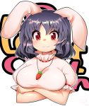  1girl :3 animal_ears black_hair breasts carrot_necklace crossed_arms dress highres inaba_tewi rabbit_ears red_eyes short_hair solo touhou umigarasu_(kitsune1963) wavy_hair white_dress 