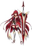  1girl :o ahoge armor armored_dress armpits black_legwear boots braid elesis_(elsword) elsword full_body gloves grand_master_(elsword) highres holding holding_sword holding_weapon huge_weapon knee_boots long_hair looking_at_viewer metal_boots official_art open_mouth pleated_skirt red_eyes redhead ress serious skirt solo standing sword thigh-highs tsurime very_long_hair weapon white_gloves white_skirt zettai_ryouiki 